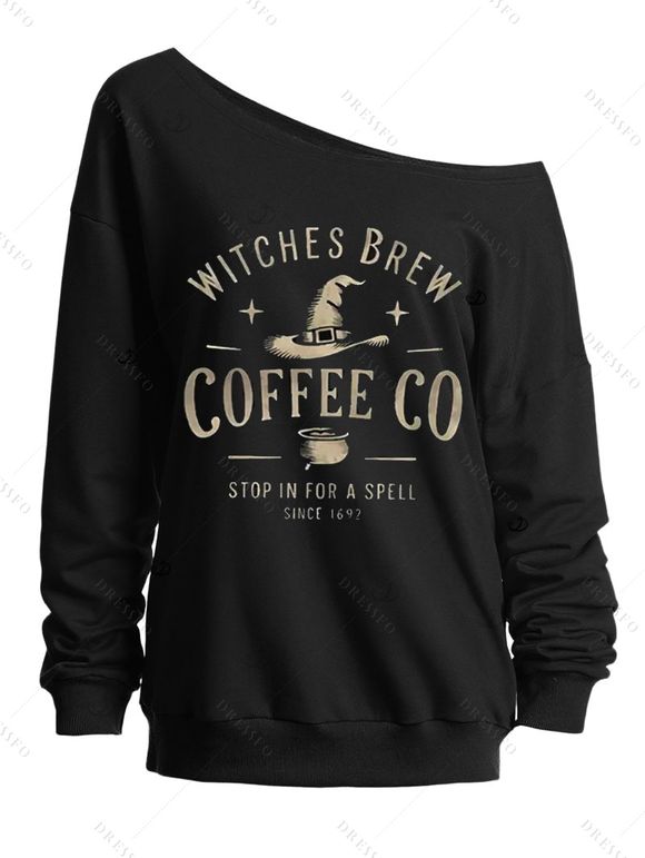 Sweat-shirt d'Halloween à imprimé chapeau de sorcier et lettres - Noir XXL | US 14