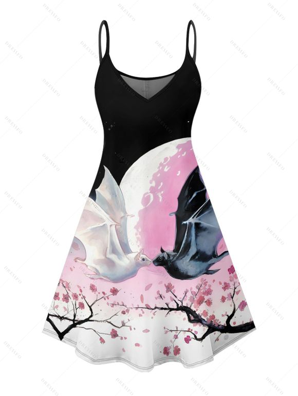 Robe d'Halloween à imprimé chauve-souris et fleurs colorblock, mini-robe à bretelles spaghetti - multicolor A XXXXXL | US 20