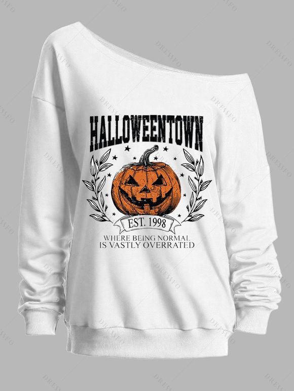 Sweat-shirt d'Halloween à col incliné avec imprimé citrouille et slogan - Blanc XXL | US 14