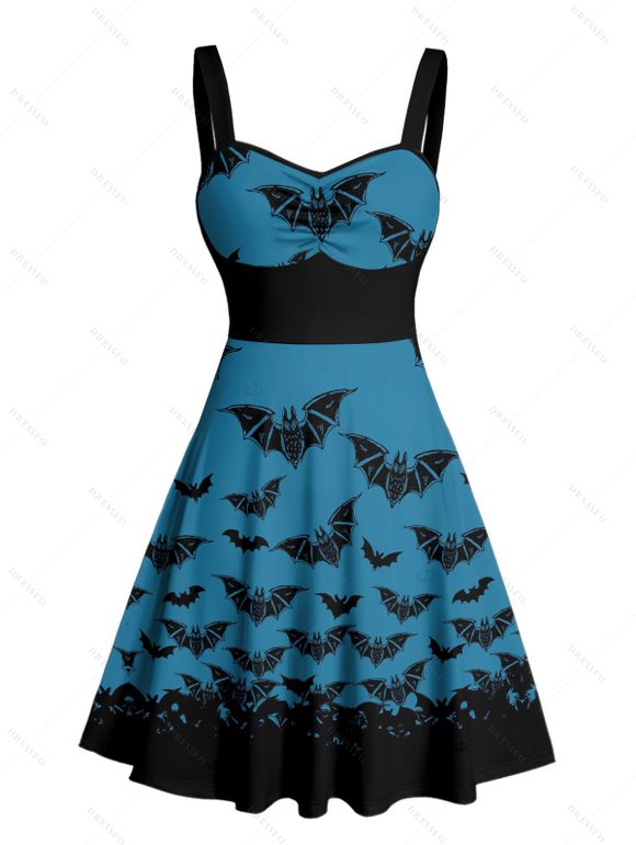 Robe gothique pour Halloween, mini-robe froncée à imprimé chauve-souris colorblock - Bleu profond S | US 4