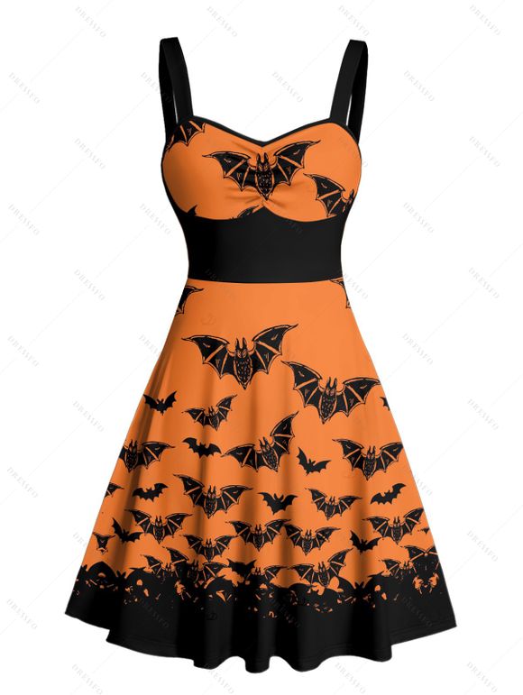 Robe gothique pour Halloween, mini-robe froncée à imprimé chauve-souris colorblock - Orange S | US 4