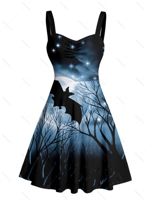 Robe d'Halloween Mini-robe froncée à imprimé chauve-souris et ciel étoilé - Noir XXXXXL | US 20