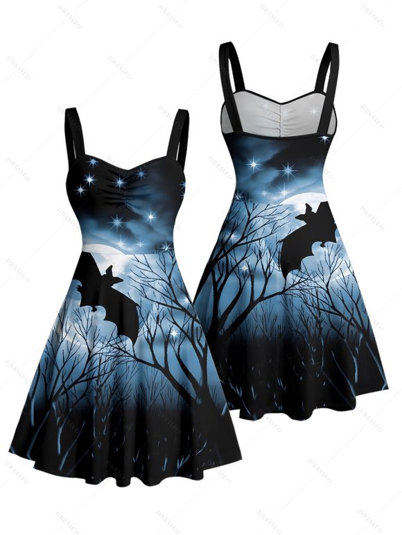 Robe d'Halloween Mini-robe froncée à imprimé chauve-souris et ciel étoilé - Noir XL | US 12