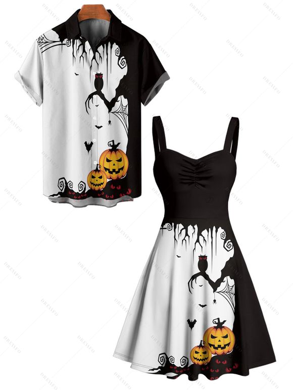 Halloween Couple Outfit Pumpkin Spider Web Print Mini Dress and Shirt Set - Noir S | US 4