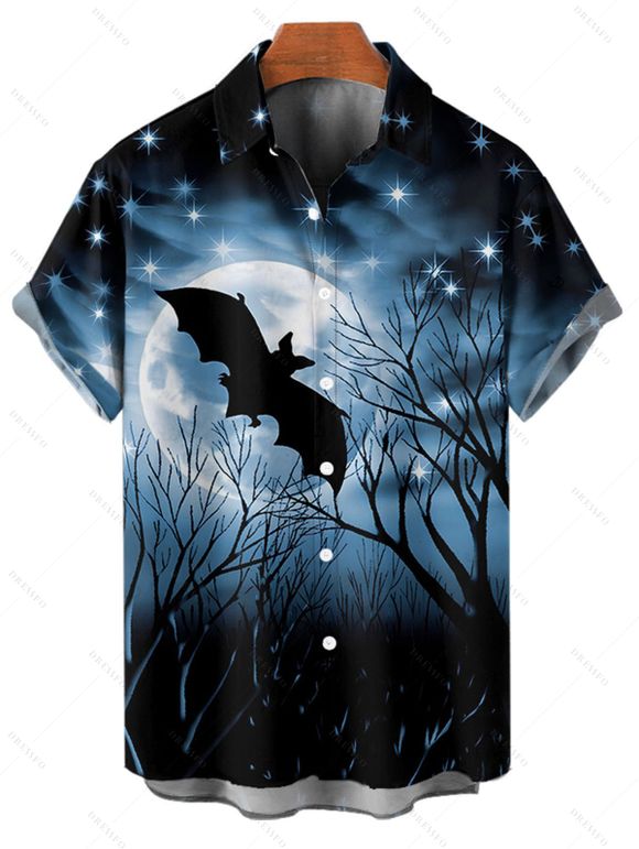 Chemise d'Halloween pour homme, boutonnée, imprimé chauve-souris, ciel et étoiles - Noir 5XL