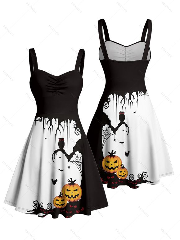 Halloween Couple Outfit Pumpkin Spider Web Print Mini Dress and Shirt Set - Noir S | US 4