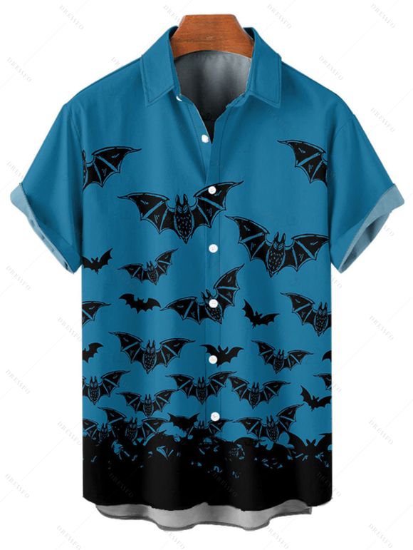 Chemise gothique pour homme à boutons et imprimé chauve-souris pour Halloween - Bleu profond M