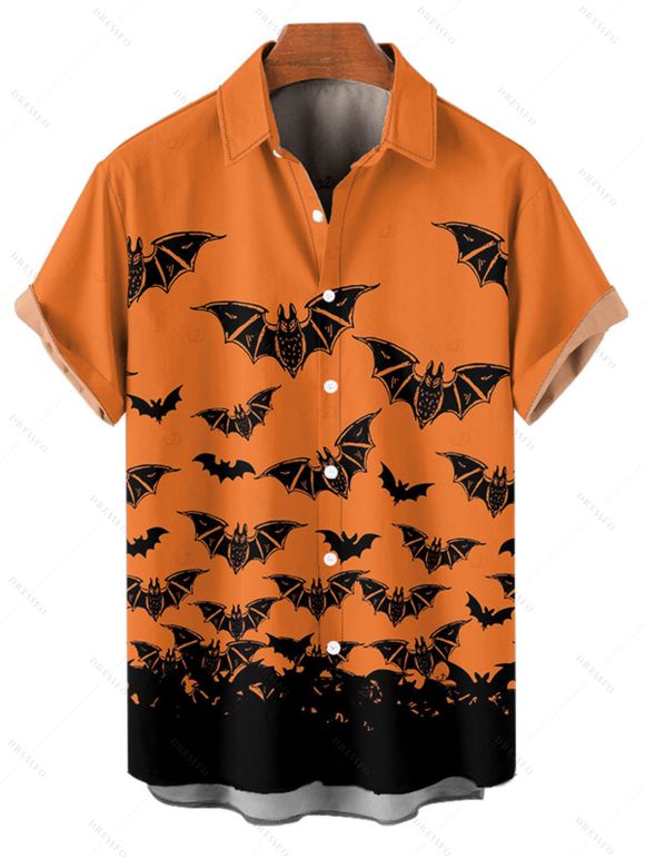 Chemise gothique pour homme à boutons et imprimé chauve-souris pour Halloween - Orange 5XL