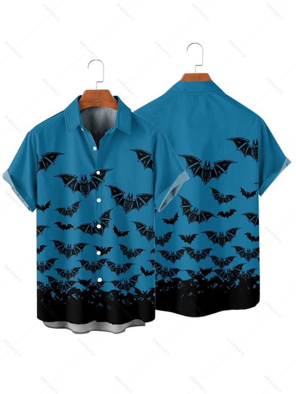 Chemise gothique pour homme à boutons et imprimé chauve-souris pour Halloween - Bleu profond M