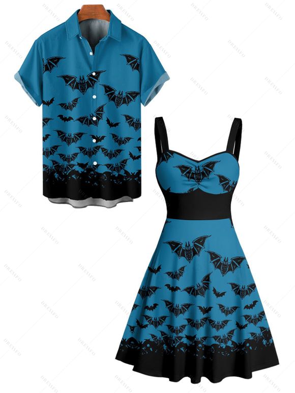 Gothic Couple Outfit for Halloween Bat Print Ruched Mini Dress and Shirt Set - Bleu profond S | US 4