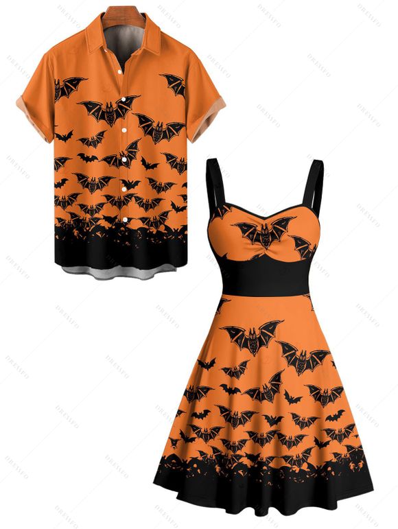 Gothic Couple Outfit for Halloween Bat Print Ruched Mini Dress and Shirt Set - Orange S | US 4
