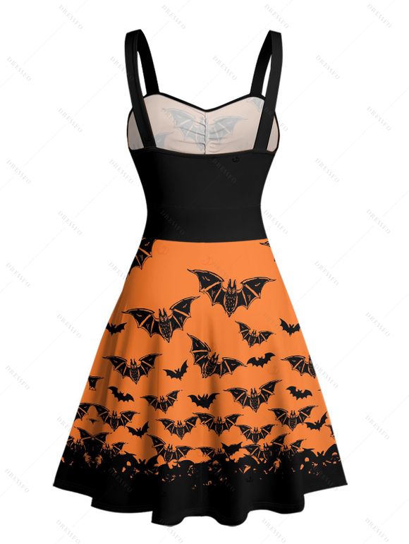 Gothic Couple Outfit for Halloween Bat Print Ruched Mini Dress and Shirt Set - Orange S | US 4