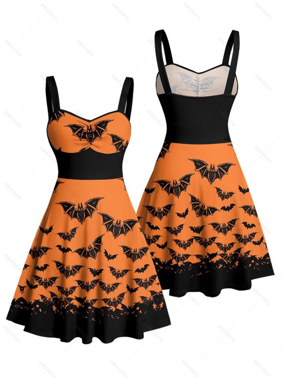 Gothic Couple Outfit for Halloween Bat Print Ruched Mini Dress and Shirt Set - Orange S | US 4