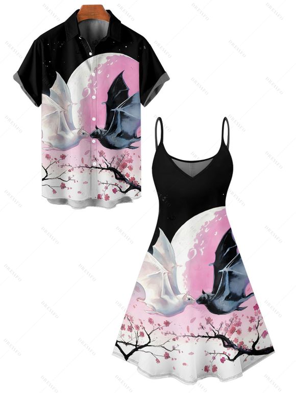 Halloween Couple Outfit Colorblock Flower Bat Print Mini Dress and Shirt Set - multicolor A S | US 4