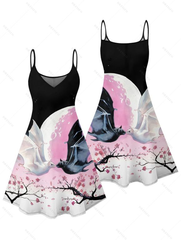 Halloween Couple Outfit Colorblock Flower Bat Print Mini Dress and Shirt Set - multicolor A S | US 4
