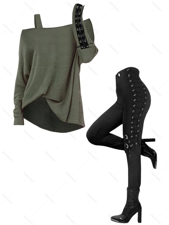 Women Outfit Skew Neck Textured Solid Color Top and Grommet Lace Up Pants Set - Vert S | US 4