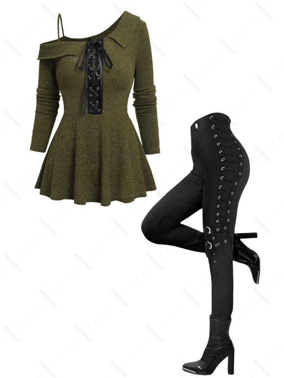 Women Outfit Textured Lace Up Skew Neck Skirted Sweatshirt and Grommet Pants Set - Vert Armée S | US 4