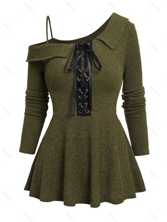 Women Outfit Textured Lace Up Skew Neck Skirted Sweatshirt and Grommet Leggings Set - Vert Armée S | US 4