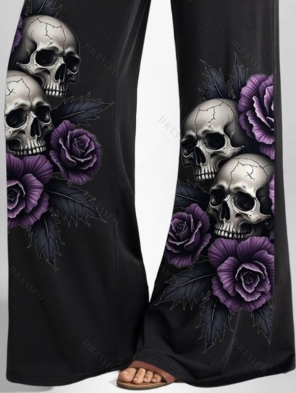 Halloween Women Outfit Skull Rose Leaf Print Butterfly Lace Tank Top and Pants Set - Concorde S | US 4