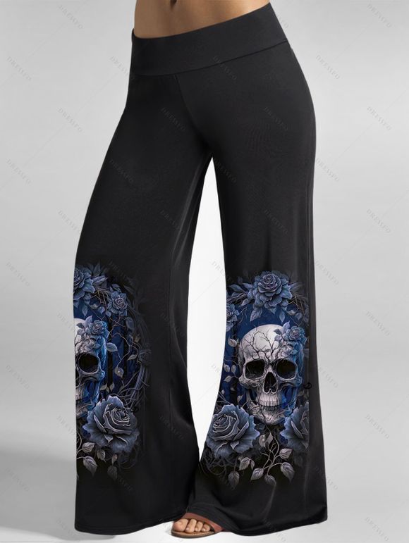 Pantalon gothique d'Halloween à imprimé feuilles et crâne rose, pantalon long à jambes larges - Bleu profond XXL | US 14