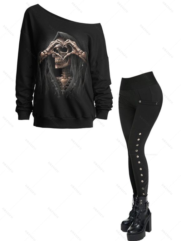 Gothic Outfit Skull Skeleton Hand Print Sweatshirt and Snap Button Pants Set - Noir S | US 4