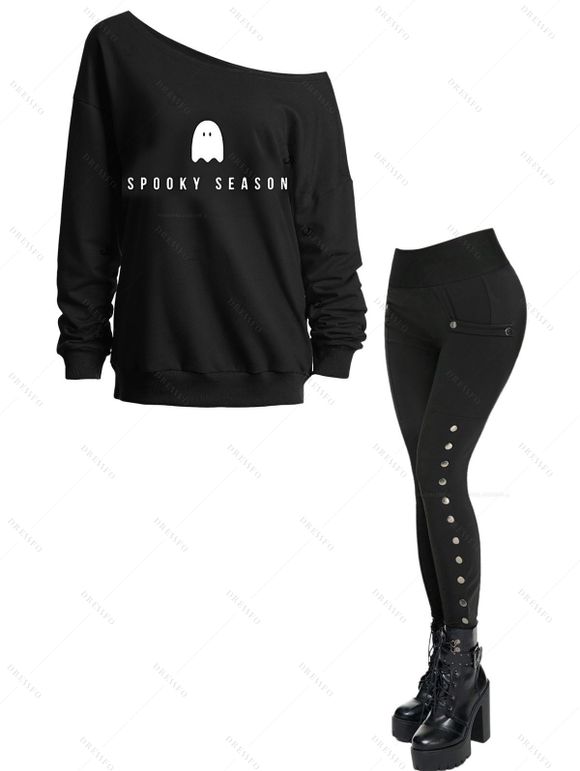 Halloween Outfit Ghost Letter Print Skew Neck Sweatshirt and Snap Button Pants Set - Noir S | US 4