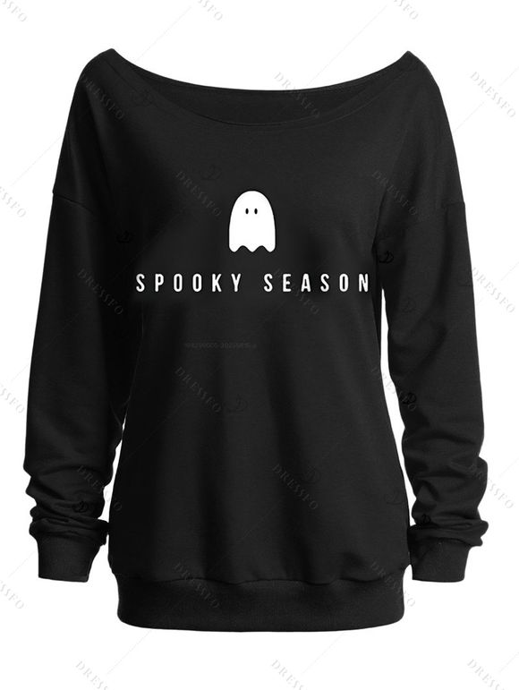 Halloween Outfit Ghost Letter Print Skew Neck Sweatshirt and Snap Button Leggings Set - Noir S | US 4