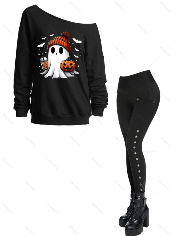 Halloween Outfit Ghost Pumpkin Bat Print Sweatshirt and Snap Button Pants Set - Noir S | US 4