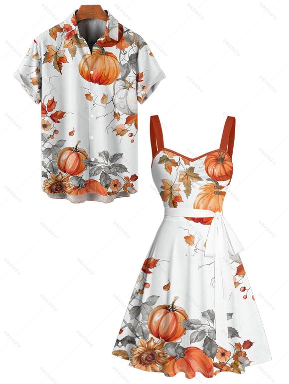 Halloween Couple Outfit Pumpkin Floral Leaf Print Ruched Belt Dress and Shirt Set - Orange S | US 4