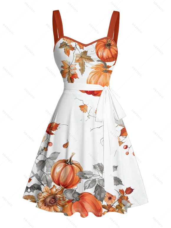 Halloween Couple Outfit Pumpkin Floral Leaf Print Ruched Belt Dress and Shirt Set - Orange S | US 4