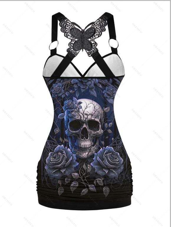 Halloween Gothic Outfit Rose Skull Leaf Print Butterfly Lace Tank Top and Pants Set - Noir S | US 4
