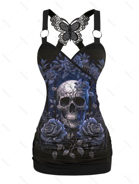 Halloween Gothic Outfit Rose Skull Leaf Print Butterfly Lace Tank Top and Pants Set - Noir S | US 4