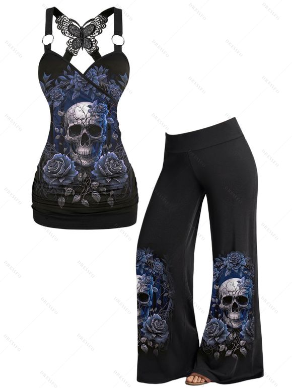 Halloween Gothic Outfit Rose Skull Leaf Print Butterfly Lace Tank Top and Pants Set - Noir S | US 4