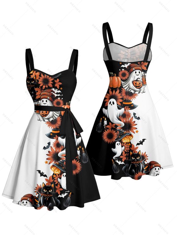 Halloween Couple Outfit Ghost Pumpkin Cat Floral Print Ruched Belt Dress and Shirt Set - Noir S | US 4