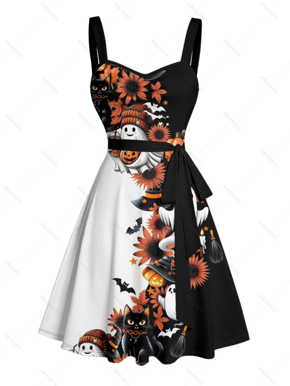 Halloween Couple Outfit Ghost Pumpkin Cat Floral Print Ruched Belt Dress and Shirt Set - Noir S | US 4