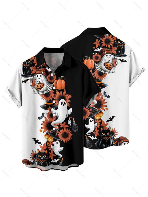 Halloween Couple Outfit Ghost Pumpkin Cat Floral Print Ruched Belt Dress and Shirt Set - Noir S | US 4
