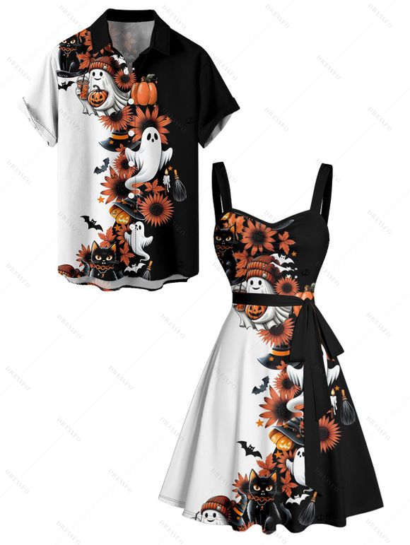 Halloween Couple Outfit Ghost Pumpkin Cat Floral Print Ruched Belt Dress and Shirt Set - Noir S | US 4
