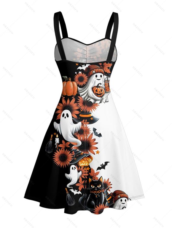 Halloween Couple Outfit Ghost Pumpkin Cat Floral Print Ruched Belt Dress and Shirt Set - Noir S | US 4