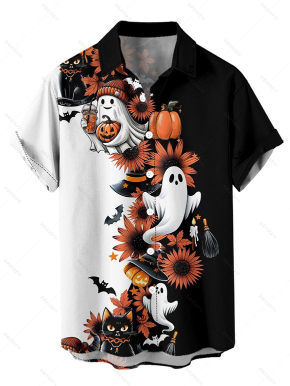 Halloween Couple Outfit Ghost Pumpkin Cat Floral Print Ruched Belt Dress and Shirt Set - Noir S | US 4