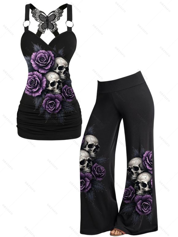 Halloween Women Outfit Skull Rose Leaf Print Butterfly Lace Tank Top and Pants Set - Concorde S | US 4