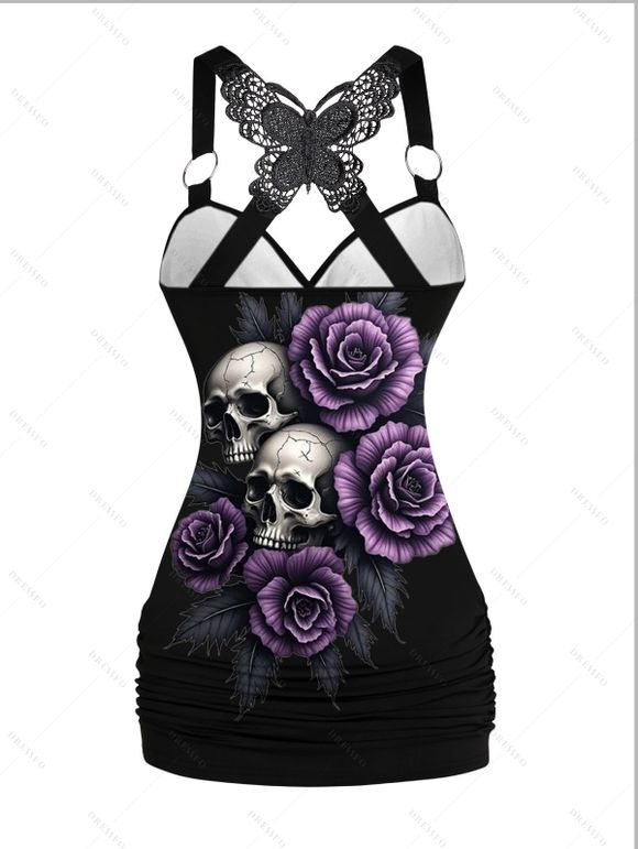 Halloween Women Outfit Skull Rose Leaf Print Butterfly Lace Tank Top and Pants Set - Concorde S | US 4