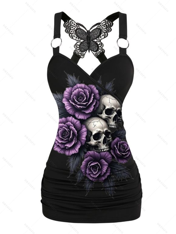 Halloween Women Outfit Skull Rose Leaf Print Butterfly Lace Tank Top and Pants Set - Concorde S | US 4
