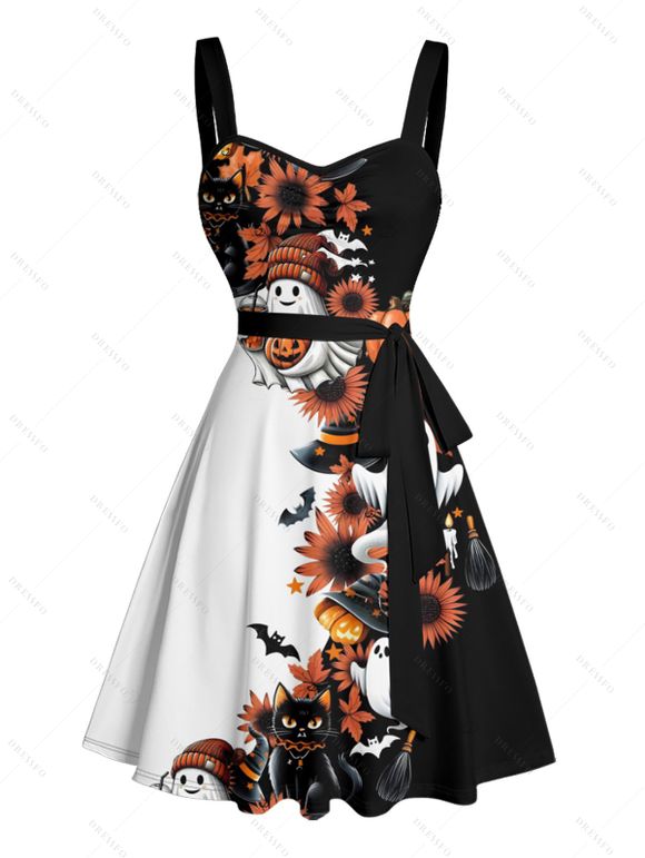 Robe d'Halloween à couleurs contrastées, motif fantôme, citrouille, chat, imprimé floral, ceinture froncée - Noir XXXXXL | US 20