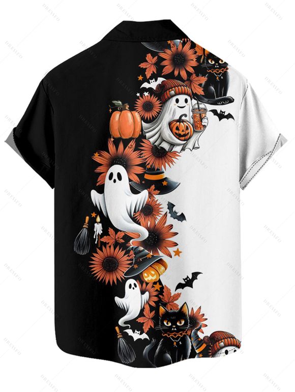 Chemise d'Halloween pour homme, couleur contrastée, imprimé floral, fantôme, citrouille, chat - Noir 5XL