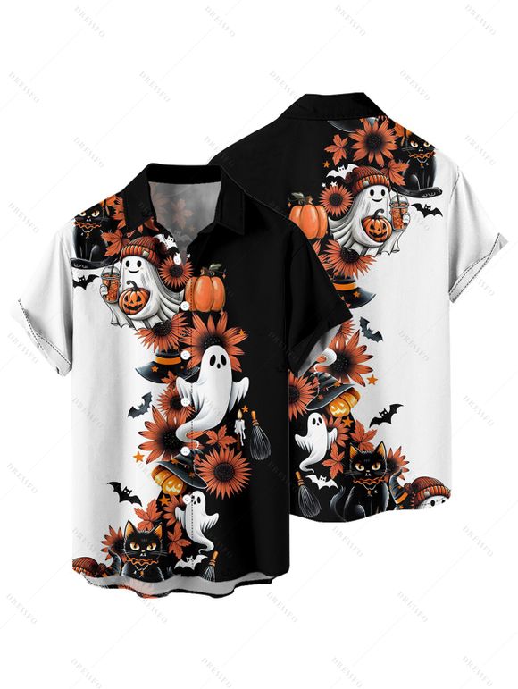 Chemise d'Halloween pour homme, couleur contrastée, imprimé floral, fantôme, citrouille, chat - Noir S