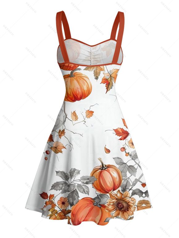 Halloween Couple Outfit Pumpkin Floral Leaf Print Ruched Belt Dress and Shirt Set - Orange S | US 4