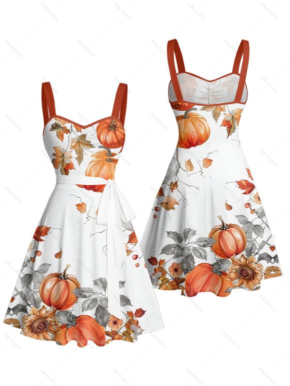 Halloween Couple Outfit Pumpkin Floral Leaf Print Ruched Belt Dress and Shirt Set - Orange S | US 4