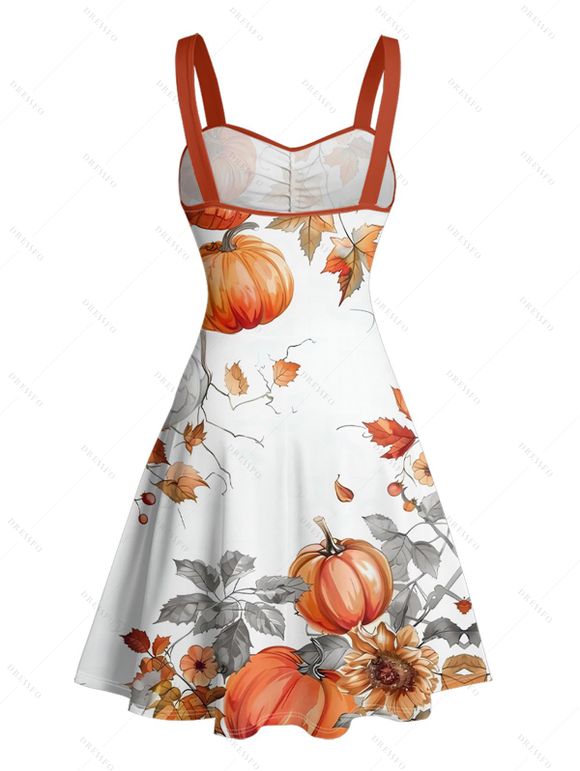 Robe d'Halloween à imprimé citrouille, fleurs et feuilles, ceinture froncée - Orange XL | US 12