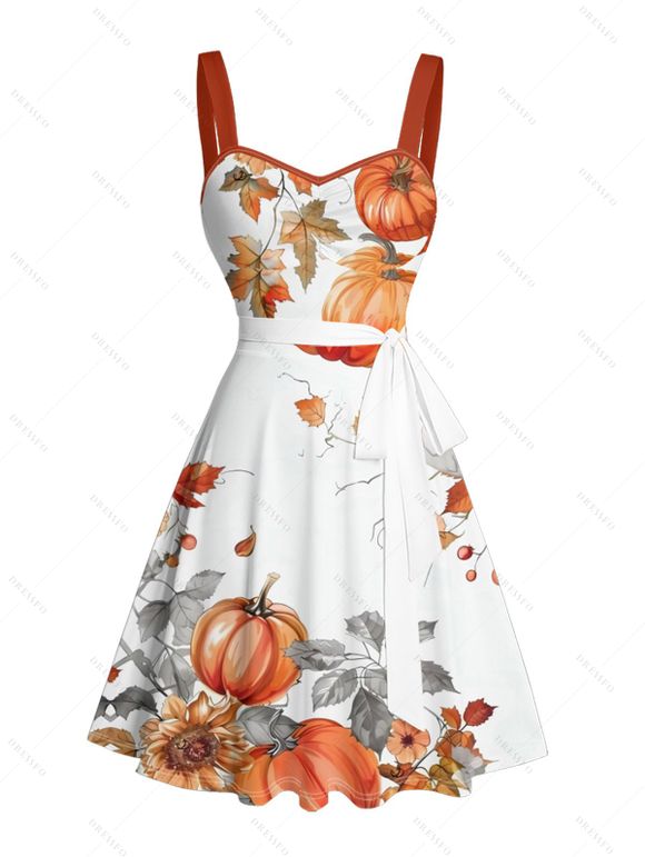 Robe d'Halloween à imprimé floral et feuilles de citrouille avec ceinture froncée - Orange XXXXXL | US 20