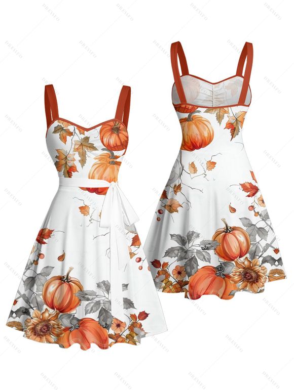 Robe d'Halloween à imprimé citrouille, fleurs et feuilles, ceinture froncée - Orange XL | US 12
